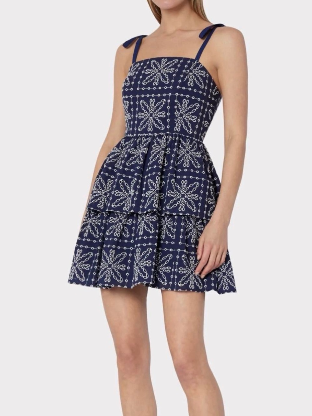 Navy Floral Eyelet Tiered Sundress with Tie Straps
